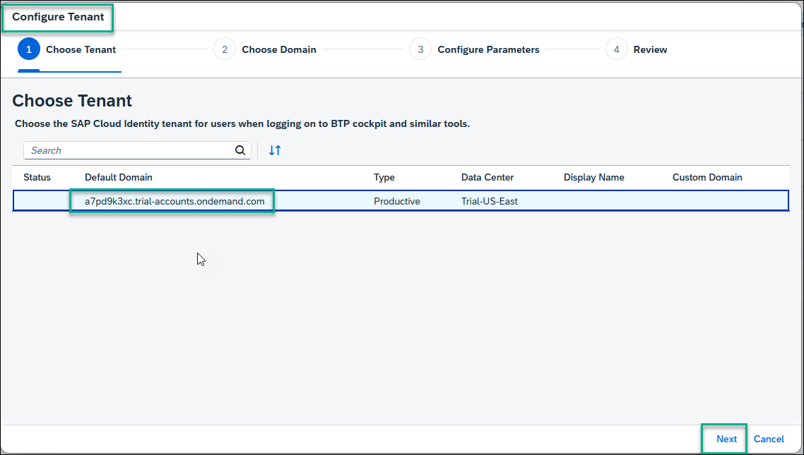 Configure tenant screen