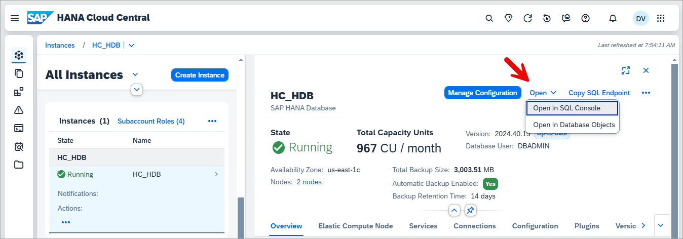 open the SAP HANA SQL console