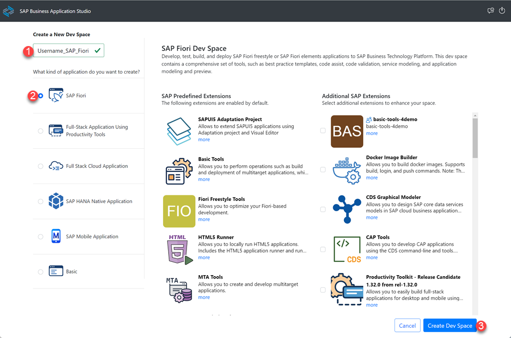 Create Dev Space in BAS