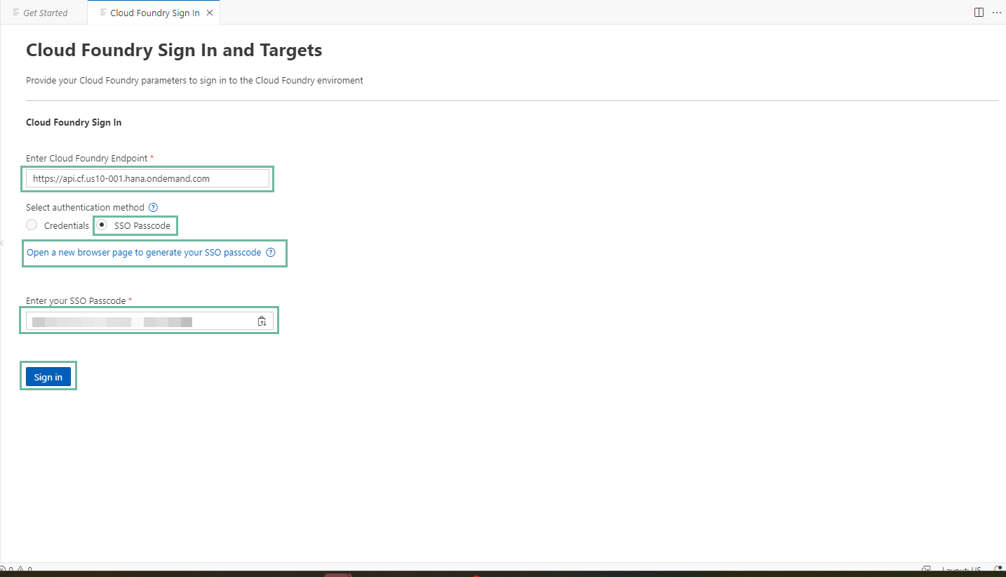 Cloud Foundry Login dialog