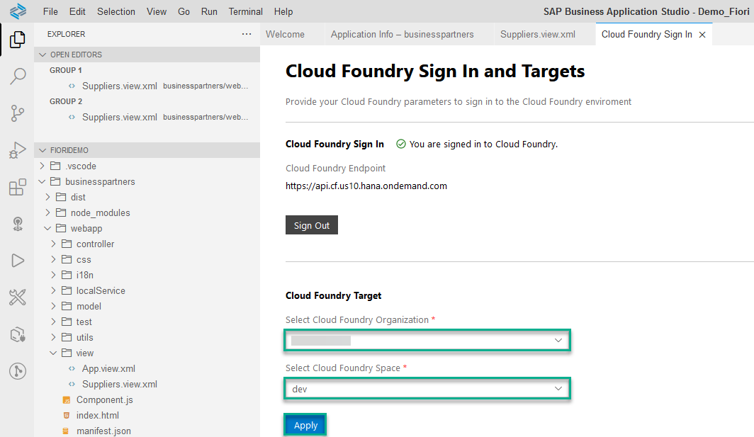 Cloud Foundry Login dialog