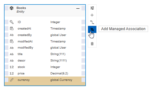 Selected books entity in the graphical modeler and a pointer to the Add relationship icon.