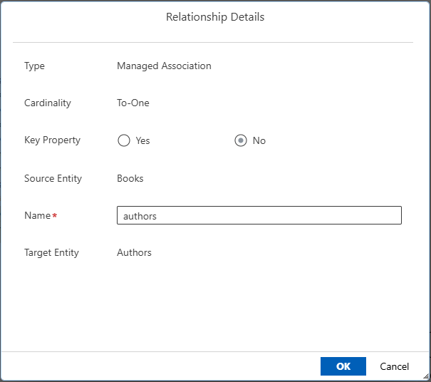 The New Relationship screen to define the association to-one, the property name, and the target entity type.