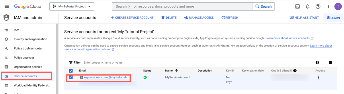 Selecting Service Account