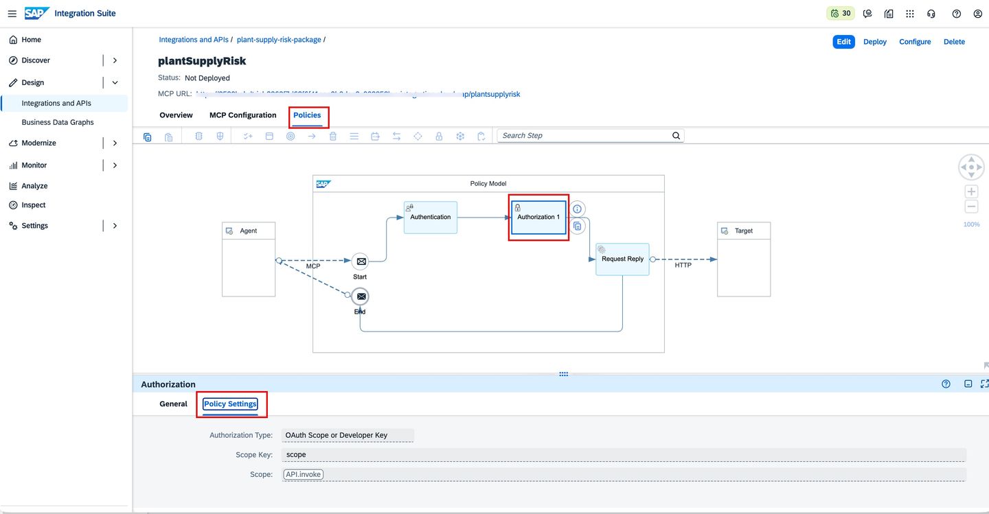 MCP Server — Policies tab showing default policy model and authorization settings