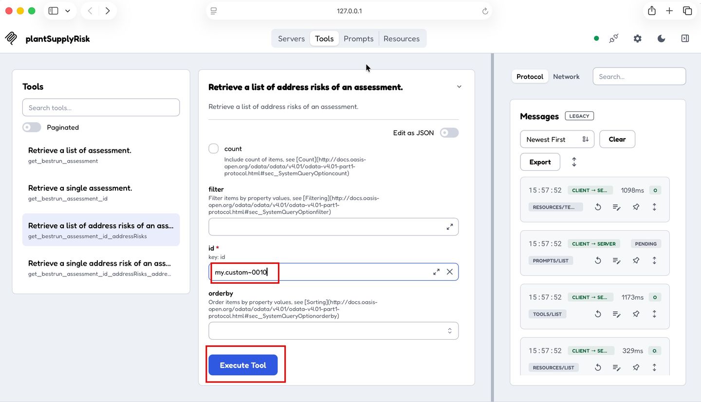 MCP Inspector — id parameter field filled in for address risks tool