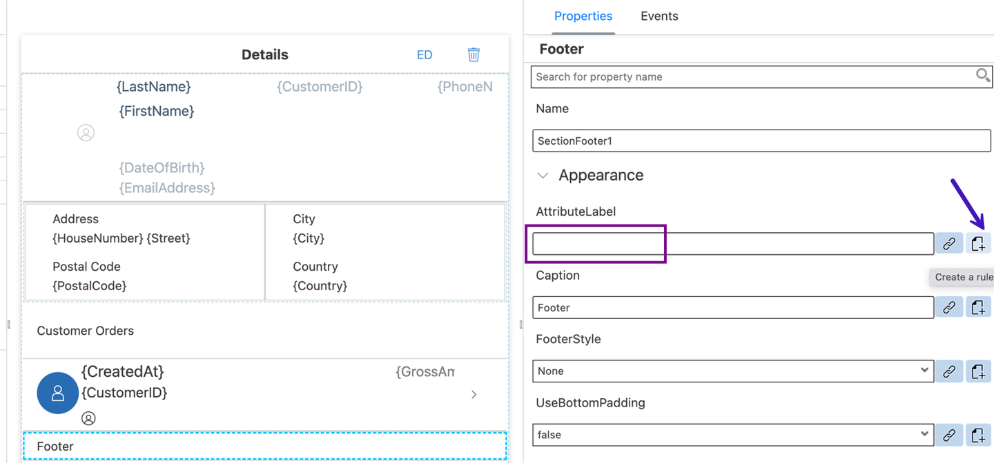 Footer AttributeLabel Create Rule Option