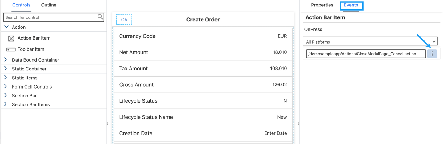 CloseModalPage Cancel Action Set As OnPress