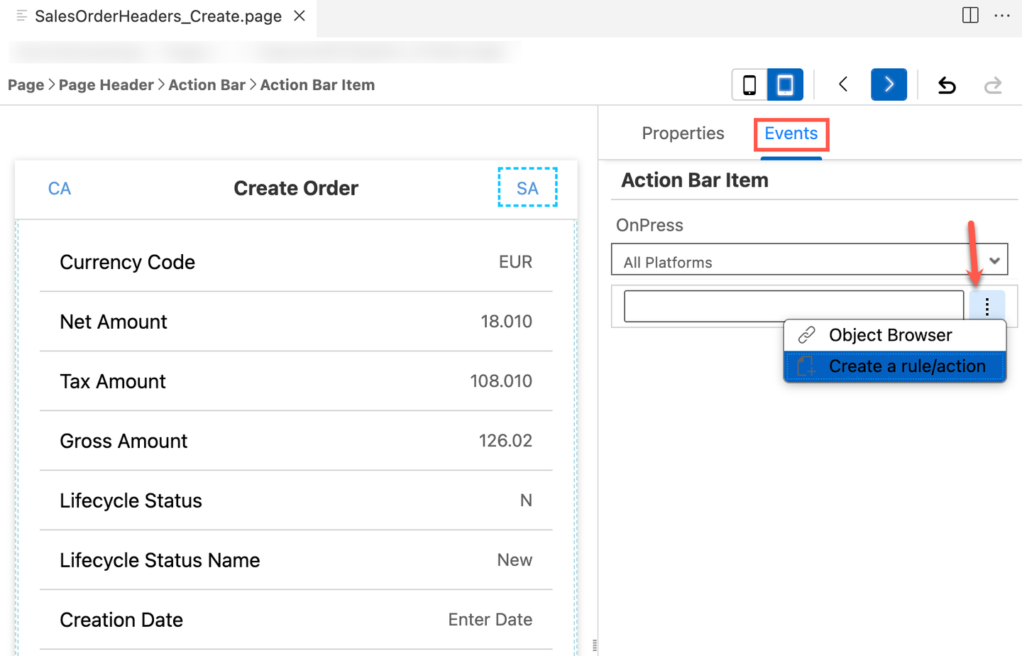 OnPress Create Rule Action Selected