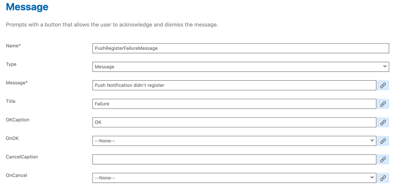 PushRegisterFailureMessage Action Base Information