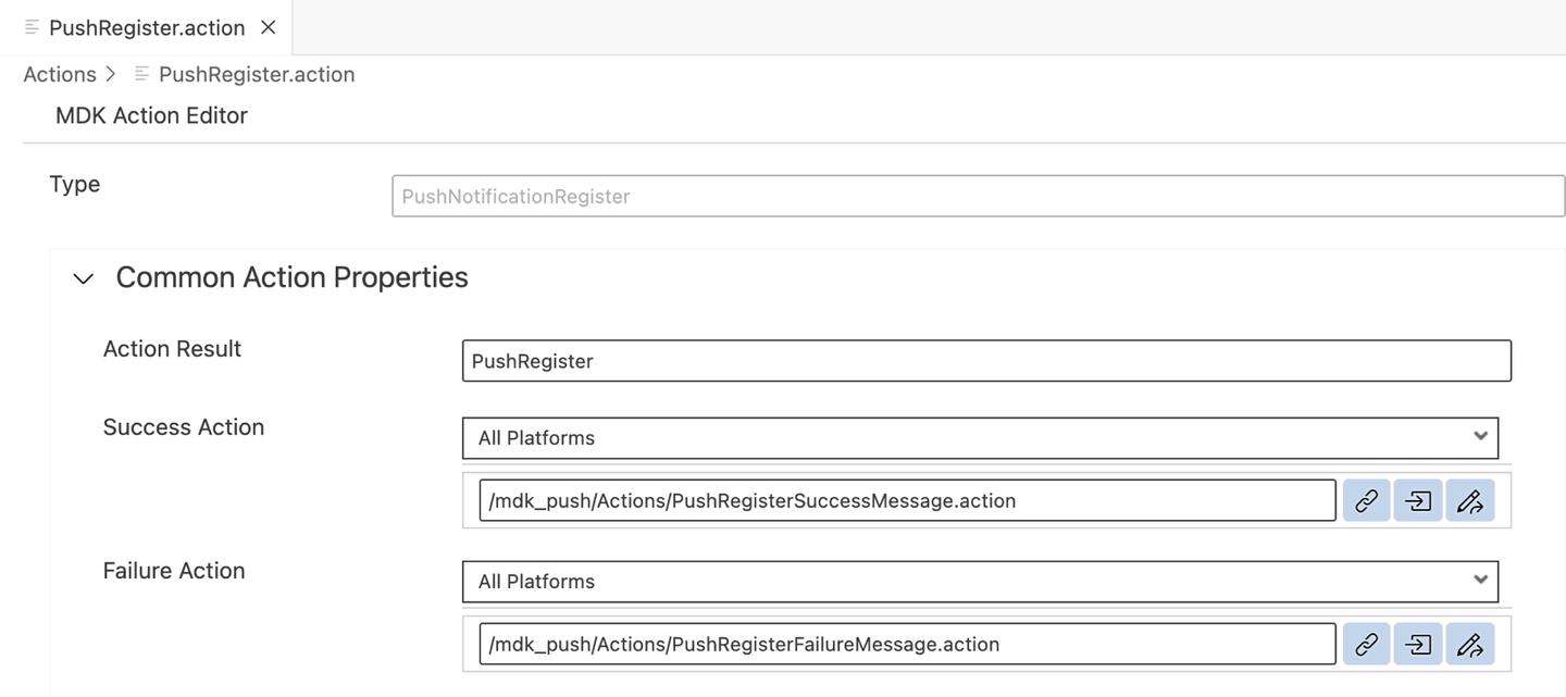 PushRegister Common Action Properties Bindings