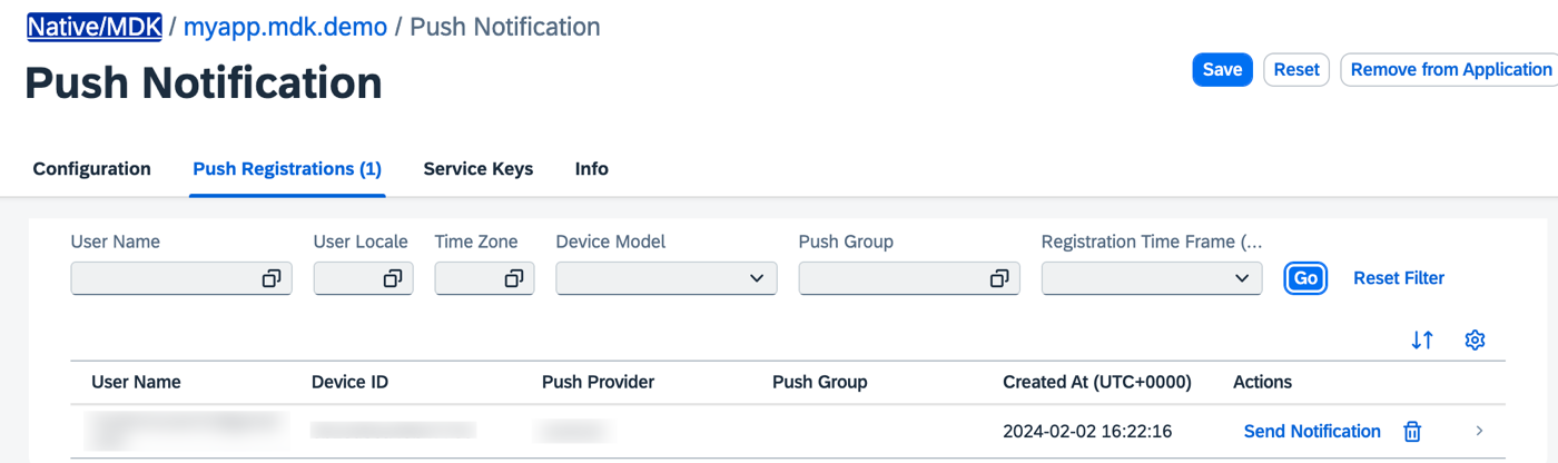 Push Registrations Tab Send Notification