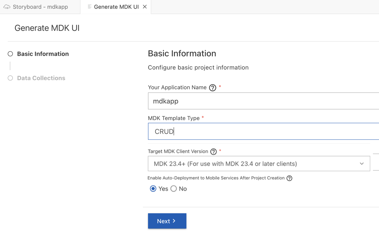 MDK Template CRUD Basic Information Step