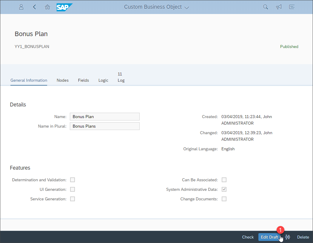 Edit Draft of Custom Business Object