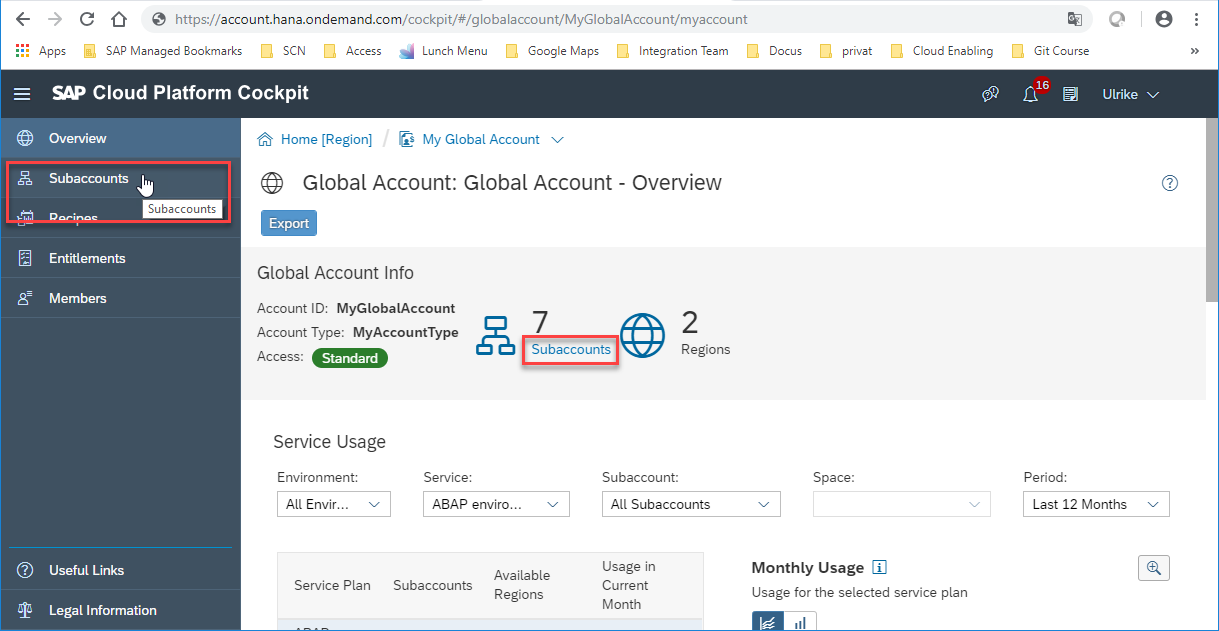 Enter SAP Cloud Platform global account’s subaccounts