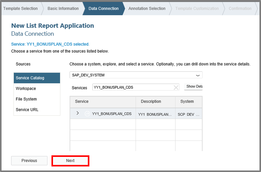 Choose data connection for list report application