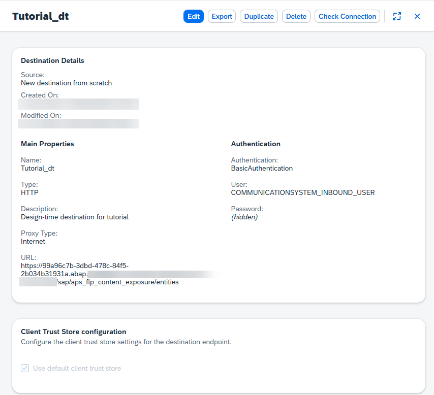 Settings for new Destination