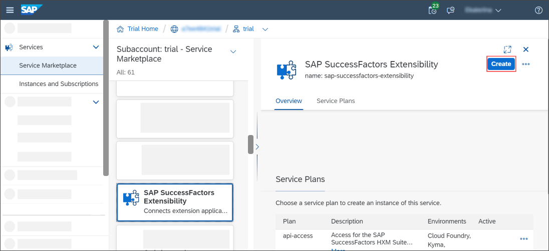 From the <strong>SAP SuccessFactors Extensibility</strong> service tile, choose <strong>Create</strong>.