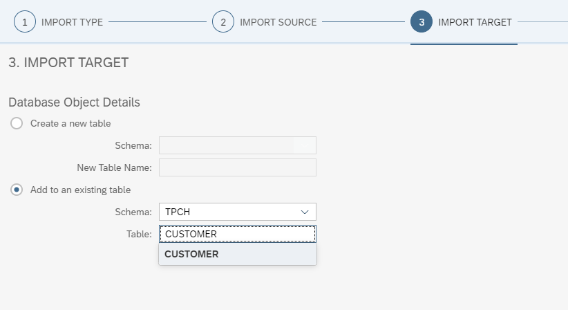 Showing the Import Target step in database explorer