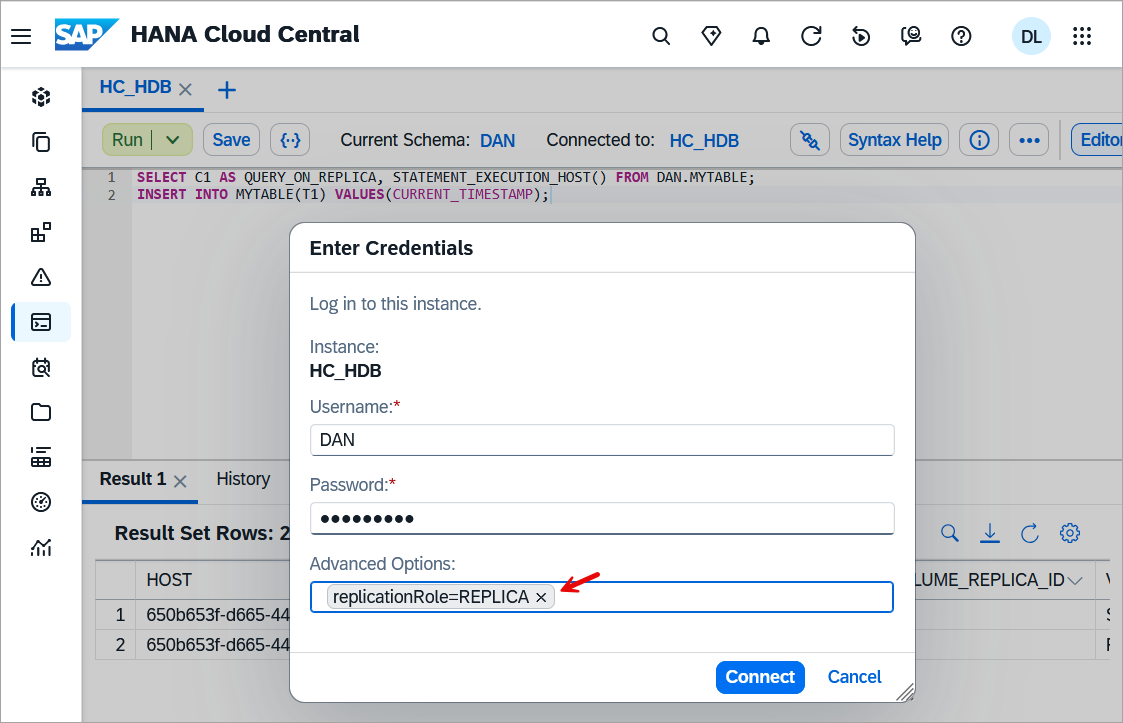 Advanced connection options in the SQL Console