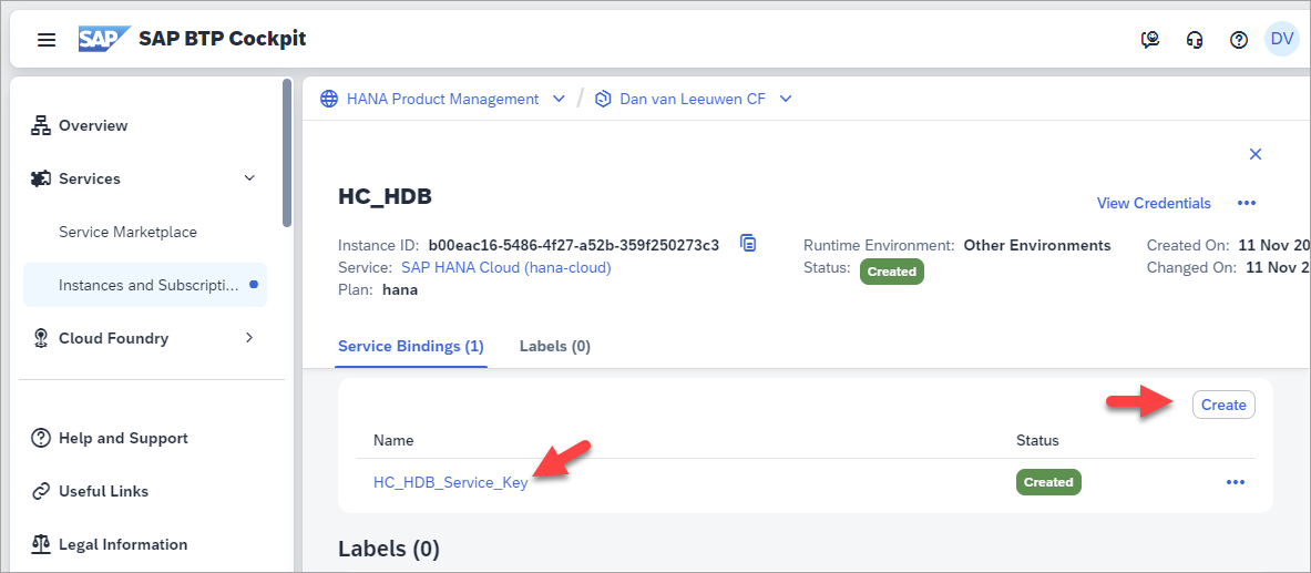 service key on an SAP HANA Cloud instance