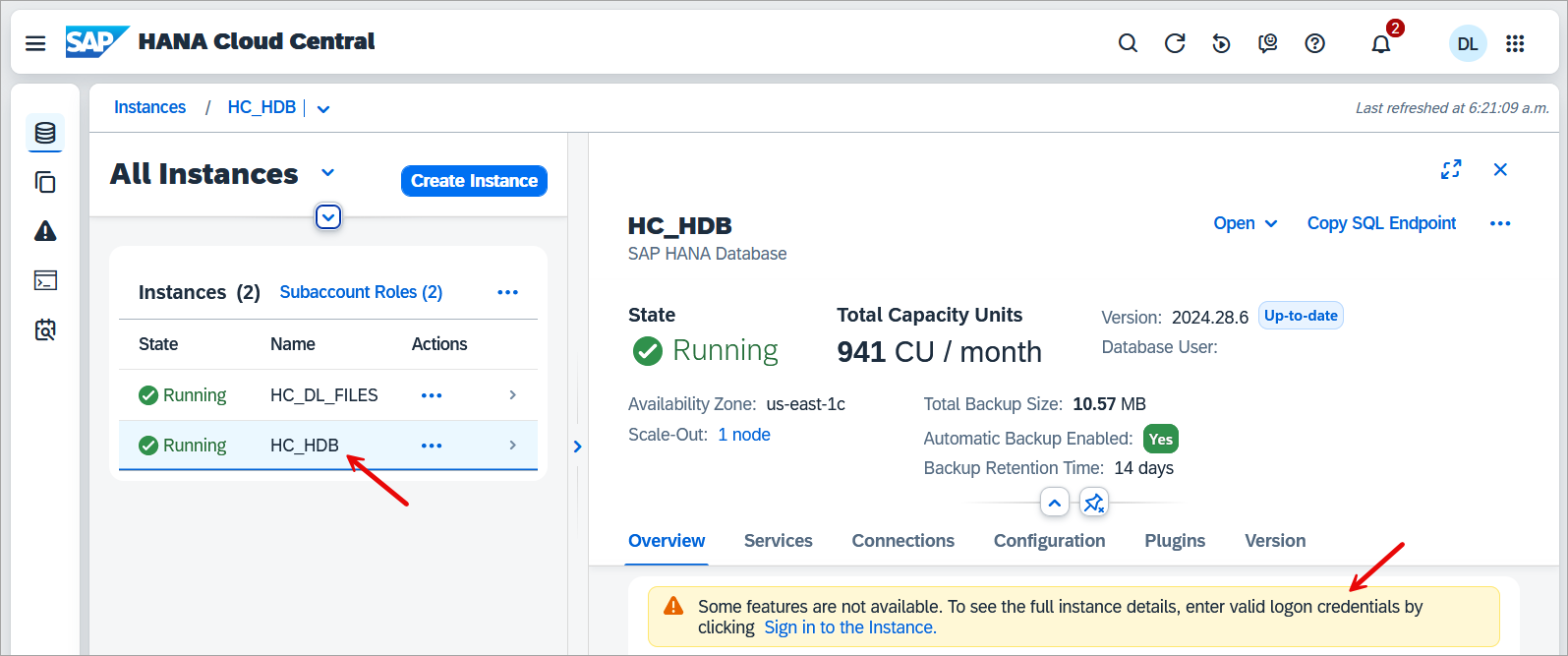 open the SAP HANA cloud instance