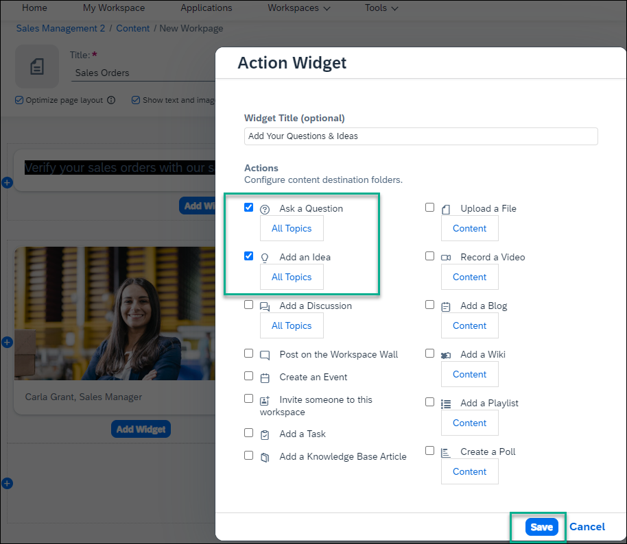 Design actions widget
